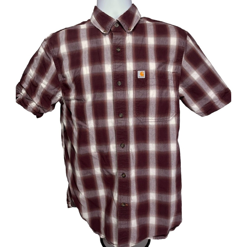 Carhartt Relaxed Fit Plaid Button Shirt Medium Red Short‎ Sleeve Essential